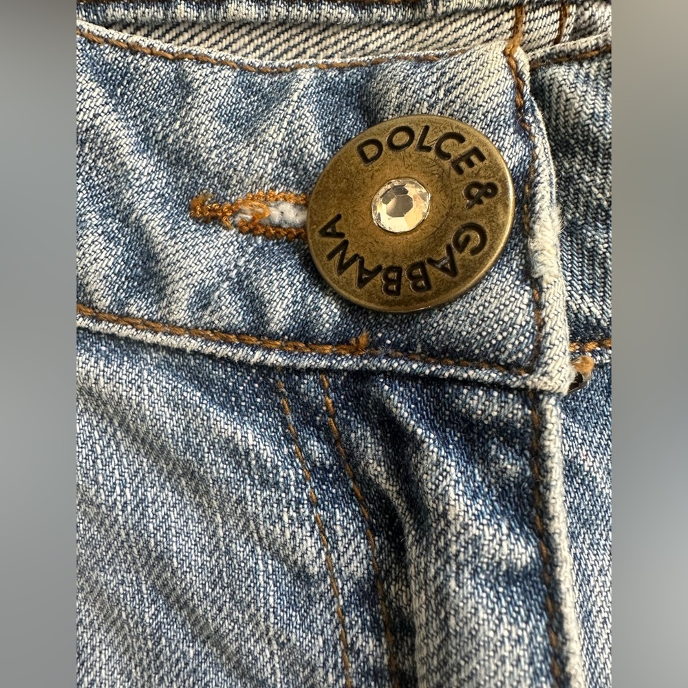 Archive Dolce Gabbana Poem Distressed Blue Denim Jeans 30 Rhinestone Y2K Flare - Picture 4 of 10